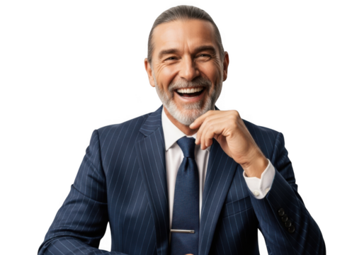 Smiling mature businessman in suit portrait, happy executive isolated image, business professional man, corporate leader, isolated on transparent background