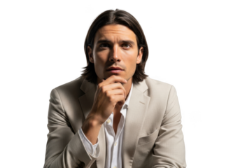 Thoughtful businessman portrait png, handsome man in suit thinking, business professional image, isolated on transparent background