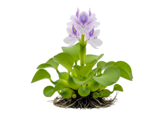 A vibrant cluster of pale purple water hyacinth blooms rests atop a lush display of verdant leaves and a network of fibrous roots against a stark black background.