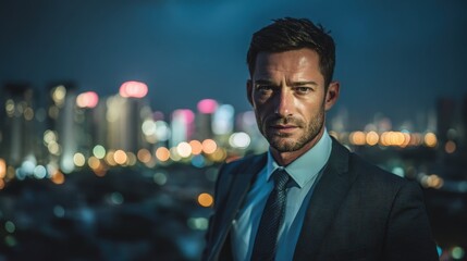 Confident businessman in a suit poses against a vibrant city skyline, ideal for corporate branding or professional imagery.
