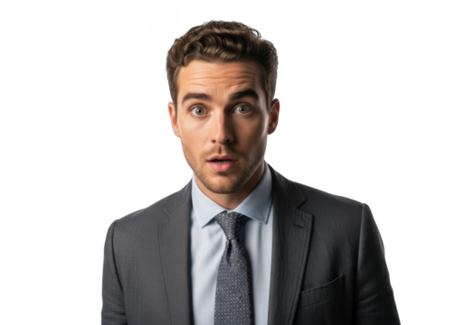 Surprised businessman portrait in suit and tie with shocked expression, man looking scared, png image isolated on transparent background