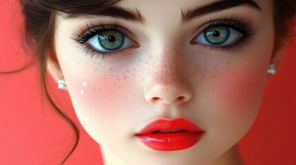 Closeup Portrait: Freckles, Green Eyes, Red Lips