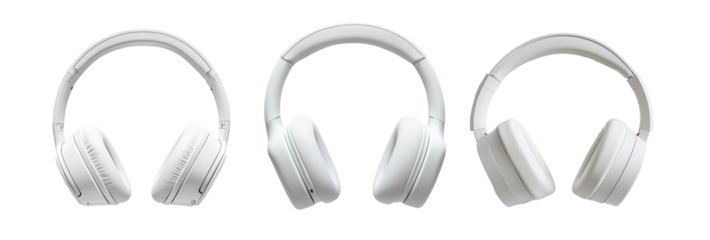White over ear headphones isolated on white background. Modern audio accessory with cushioned ear pads and wireless design. Stylish headphones displayed for music, technology, and lifestyle themes.