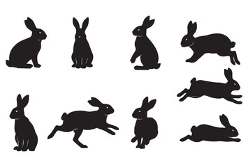 Collection of black silhouette rabbit icons in various poses, including sitting, standing, jumping, running, and resting. Simple and minimalist vector style, isolated on white background