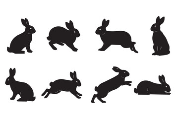Collection of black silhouette rabbit icons in various poses, including sitting, standing, jumping, running, and resting. Simple and minimalist vector style, isolated on white background