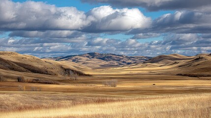   A vast open field surrounded by towering mountains in the background and a clear blue sky dotted with fluffy white clouds in the center of the picture