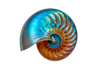 A captivating nautilus shell, displaying a vibrant spiral pattern of iridescent blues and oranges, is a striking example of natural beauty and mathematical precision.