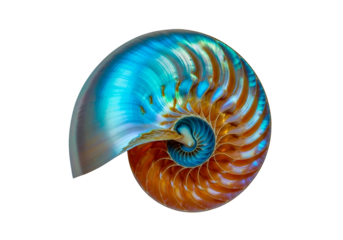 A captivating nautilus shell, displaying a vibrant spiral pattern of iridescent blues and oranges, is a striking example of natural beauty and mathematical precision.