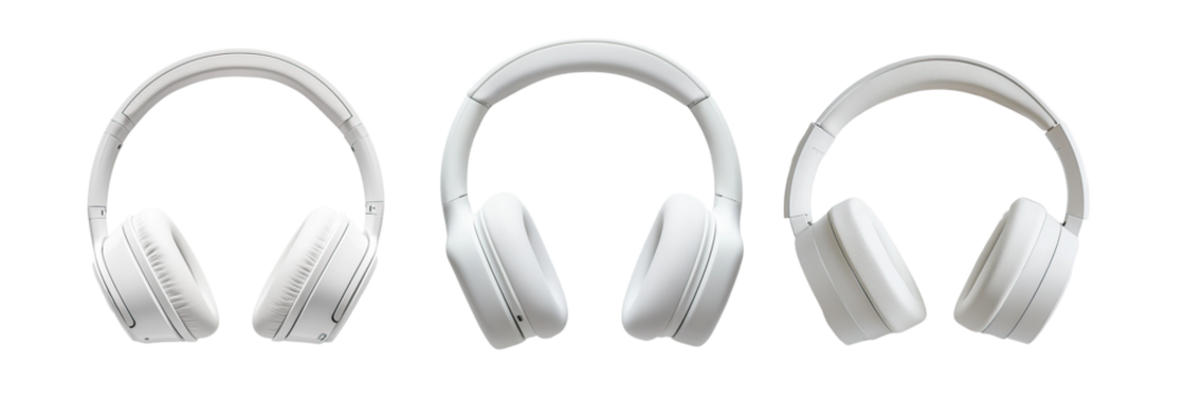 White over ear headphones isolated on white background. Modern audio accessory with cushioned ear pads and wireless design. Stylish headphones displayed for music, technology, and lifestyle themes.