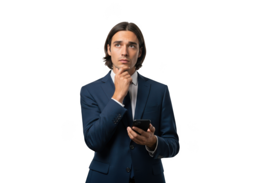 Pensive businessman in suit holding smartphone looking upwards with thoughtful expression portrait isolated on transparent background