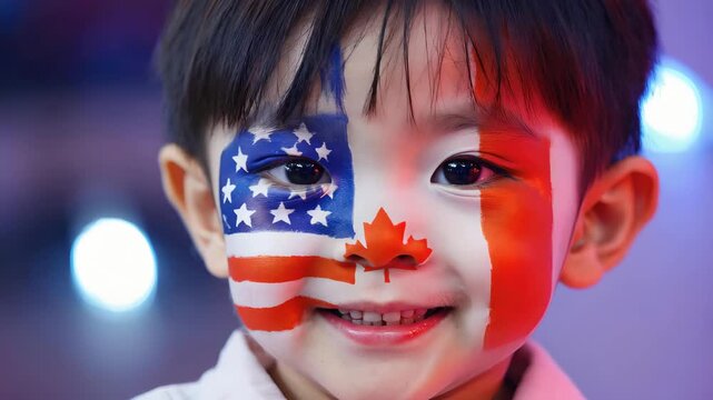 Close up of child with face paint of USA and Canada flags, patriotic kid portrait smiling and blinking with maple leaf and stars and stripes design, multicultural celebration and national pride
