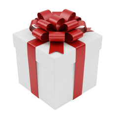 Obraz premium A pristine, perfectly wrapped square white gift box with a luxurious deep red satin bow, elegantly tied, against a seamless transparent isolated background with no shadows, concept of luxury gifting