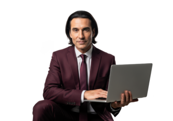 Professional businessman using laptop computer - isolated portrait of executive working on transparent background isolated on transparent background