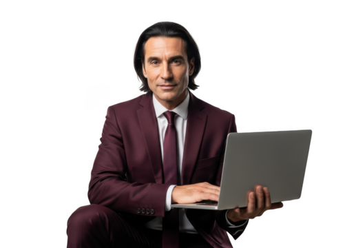 Professional businessman using laptop computer - isolated portrait of executive working on transparent background isolated on transparent background - Powered by Adobe