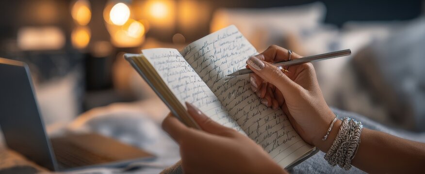 The journal on a cozy bed with candlelit evening journaling and laptop