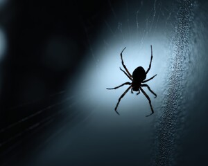 Spider web silhouette on a black or gray wall. Dark Halloween theme background. 