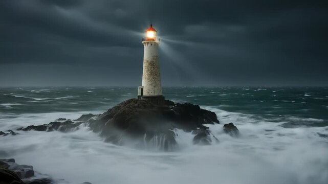 A tall lighthouse stands against a stormy sea. Lightning strikes in the distance. The sea's white waves crash over rocks at the lighthouse's base