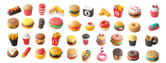 Fast food 3D icons including burgers, fries, donuts, and drinks. Colorful cartoon-style snacks displayed in playful design. Junk food symbols arranged in collection for modern illustration themes.