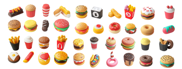 Fast food 3D icons including burgers, fries, donuts, and drinks. Colorful cartoon-style snacks displayed in playful design. Junk food symbols arranged in collection for modern illustration themes.