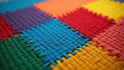Close-up view of vibrant, colorful woven textile with intricate patterns and threads.