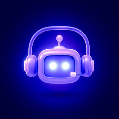 Fototapeta premium Glowing neon AI chatbot with headset icon representing virtual assistant, customer support bot, and artificial intelligence communication 