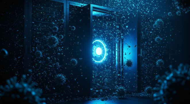 Cyber threat emerging from a glowing portal within a server room, data security concept - Powered by Adobe