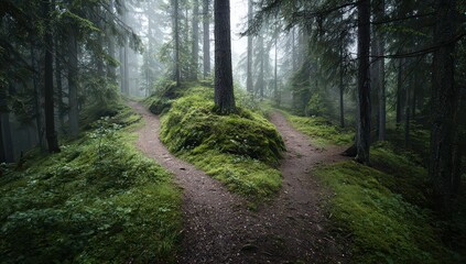 Fototapeta premium Misty Forest Path With Twists and Turns