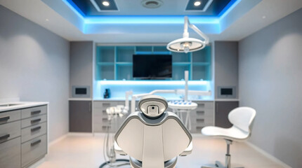 Modern Dental Clinic, Dentist chair and other accessories used by dentists in blue medical light.
