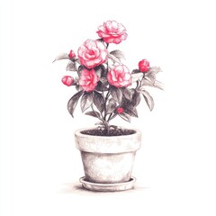 Naklejka premium Pink Camellia Flowers in Terracotta Pot Pointillist Illustration