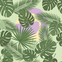 Seamless Pattern, Seamless pattern with tropical leaves and abstract shapes in green and pastel colors Stock royalty free
