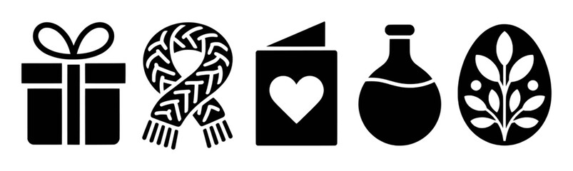 Collection of Black and White Icons: Gift, Scarf, Card, Flask, and Easter Egg