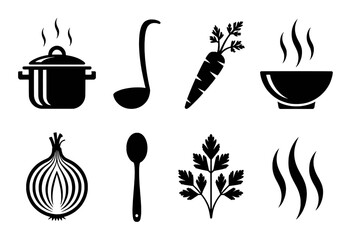 Collection of Black and White Icons Representing Cooking and Food Ingredients