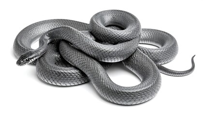 Obraz premium A coiled, dark gray snake against white