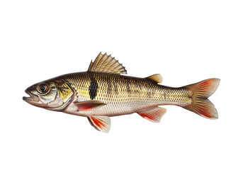 A detailed side view of a fish with striking patterns and vibrant colors against a stark black background.