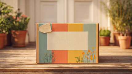 Vibrant cardboard box with colorful floral patterns, set on a wooden table in a cozy outdoor garden. Perfect for packaging or decorative purposes.
