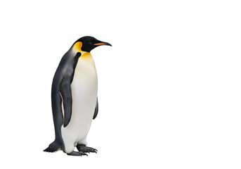 Fototapeta premium A majestic emperor penguin stands tall against a plain black backdrop, showcasing its striking black and white plumage.