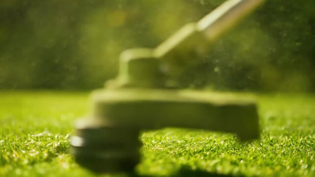 A close-up of a grass trimmer in operation, blurred background; sunlight on vibrant green grass. Chunks of cut grass fly