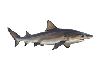 Fototapeta premium A side profile view of a gray shark against a stark black background, showcasing its streamlined body and sharp features.