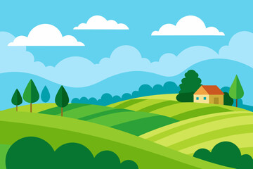 Fototapeta premium Idyllic countryside landscape with rolling green hills and a small house