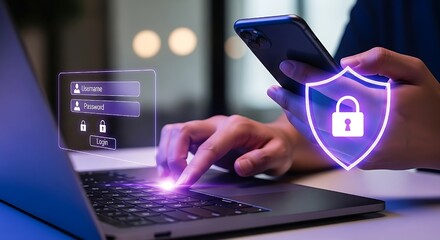 A man using a secure network connection, highlighted with a lock shield.