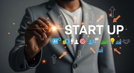 Business planning and development, with a man engaging with a futuristic graphic of a start-up.
