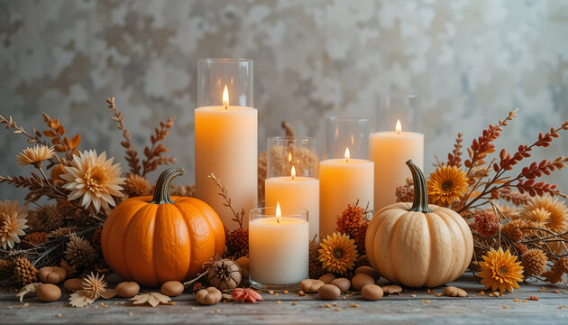 Cozy autumn scene with glowing candles, pumpkins, and fall foliage creates a warm, inviting atmosphere for seasonal decor