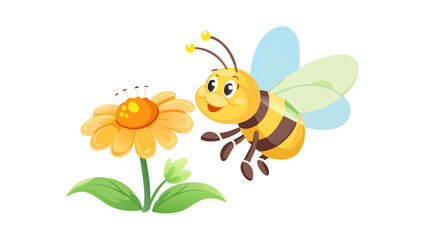 Cute cartoon bee flying towards a yellow flower isolated on transparent background