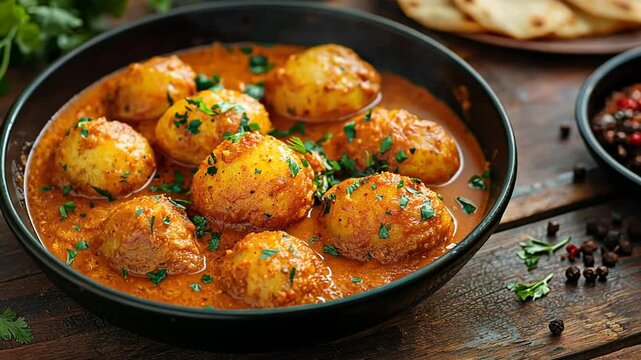 dum aloo indian recipe, potatoes cooked in curry, close up video