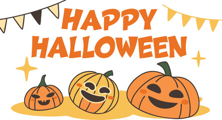 Joyful cartoon pumpkins celebrate Halloween with festive bunting and stars, perfect for seasonal greetings