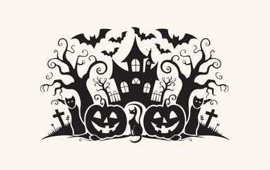 A spooky Halloween scene features a haunted house.