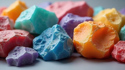 Close-up view of various colorful, textured rocks, showcasing a vibrant array of hues and detailed surfaces.