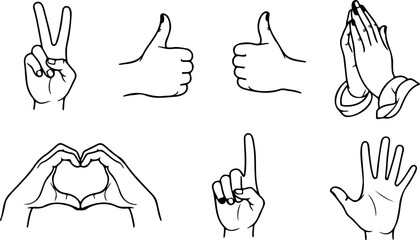 Collection of hand gestures including peace sign thumbs up prayer heart point and open hand illustration