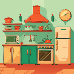 A charming retro kitchen scene, with a stove, fridge, and shelves filled with cooking tools.