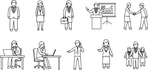 Obraz premium Collection of business people in various activities such as meetings and working at their desks outlined